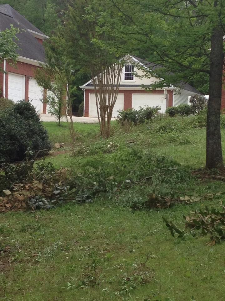 Lawn with debris from recent trimming, garage with white doors, and a brick house in background.