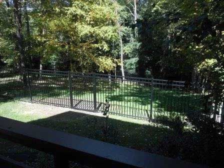 A view of a yard with a fence and trees from a balcony.