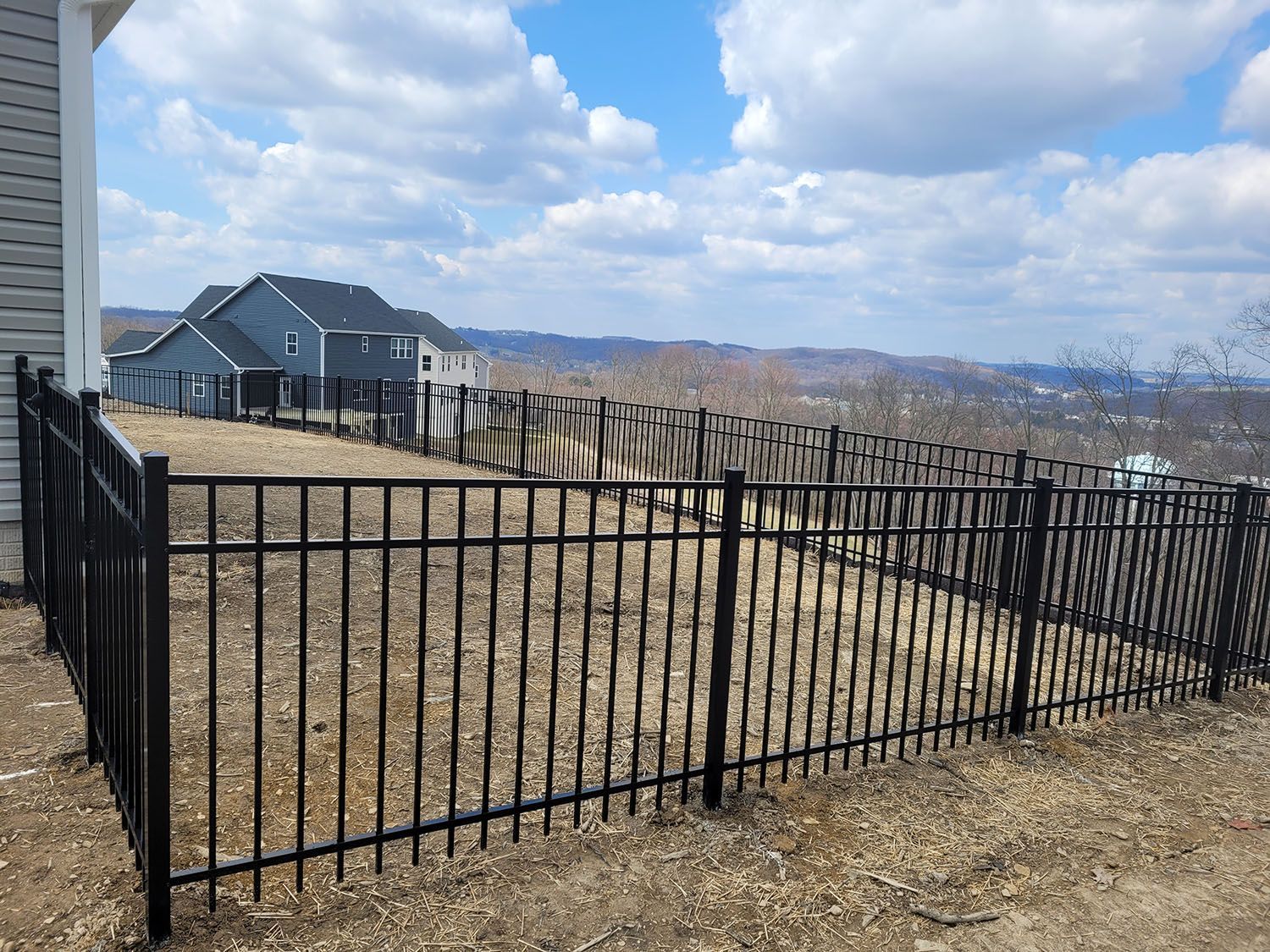 A black fence surrounds a yard with a house in the background.