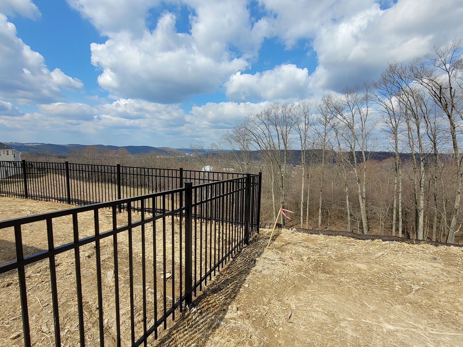 A black metal fence surrounds a dirt field with trees in the background.