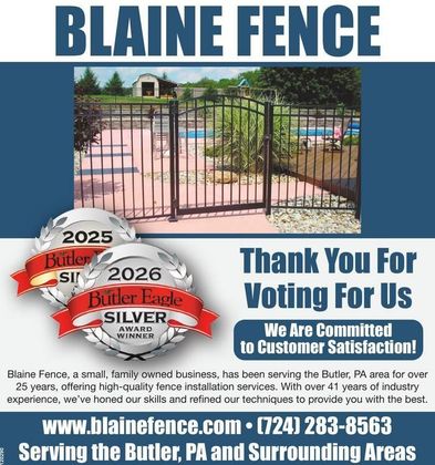 Advertisement for Blaine Fence: metal fence by a pool, awards, company info.