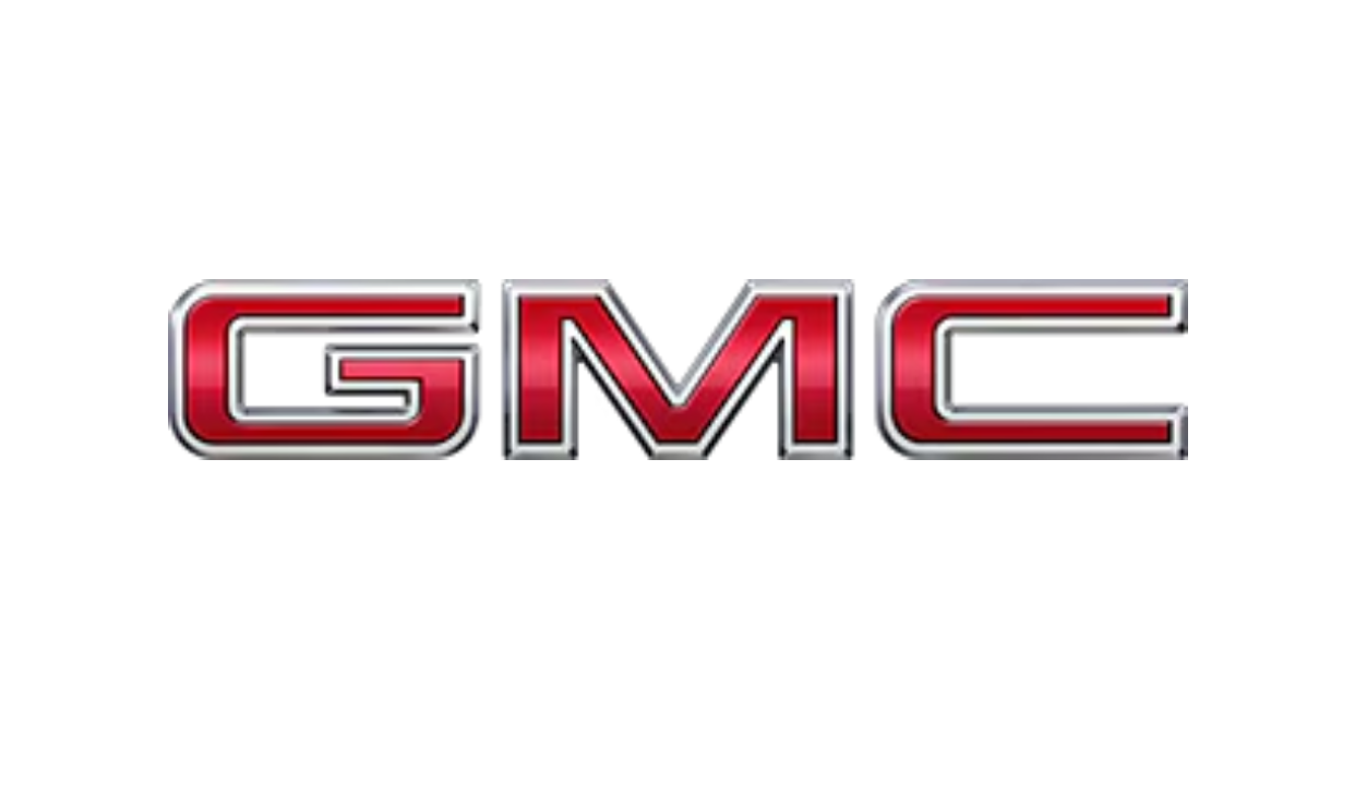 Red GMC logo with chrome-outlined letters on a white background