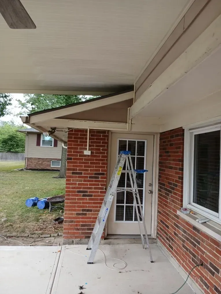 Ladder leaning against a door on a brick building's porch. Beige overhang, white door with glass, grass lawn.
