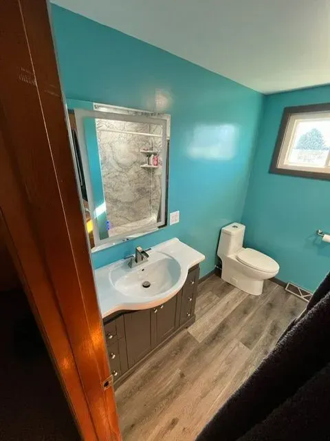 Bathroom with teal walls, gray vanity, toilet, shower, and window.