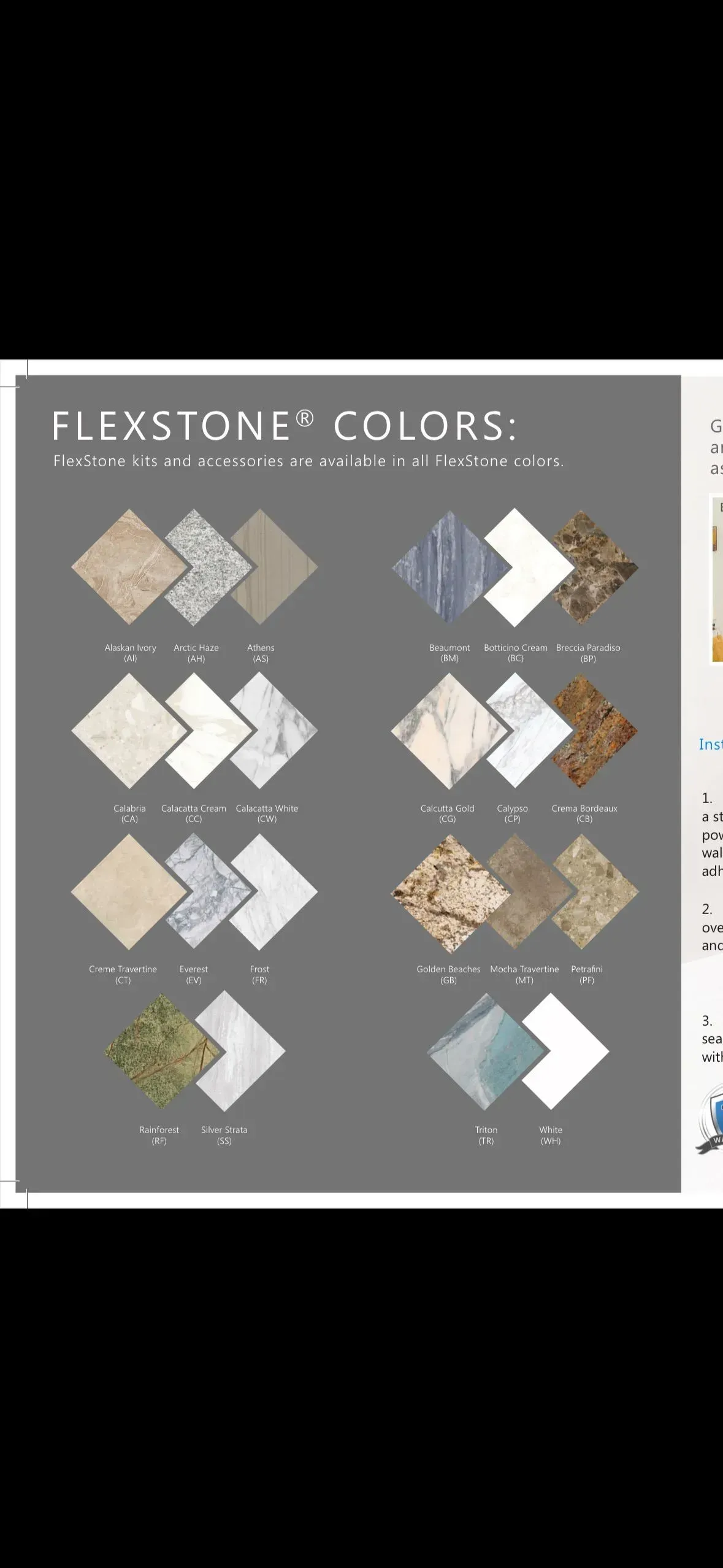 Flexstone colors chart with stone tile swatches in various shades.
