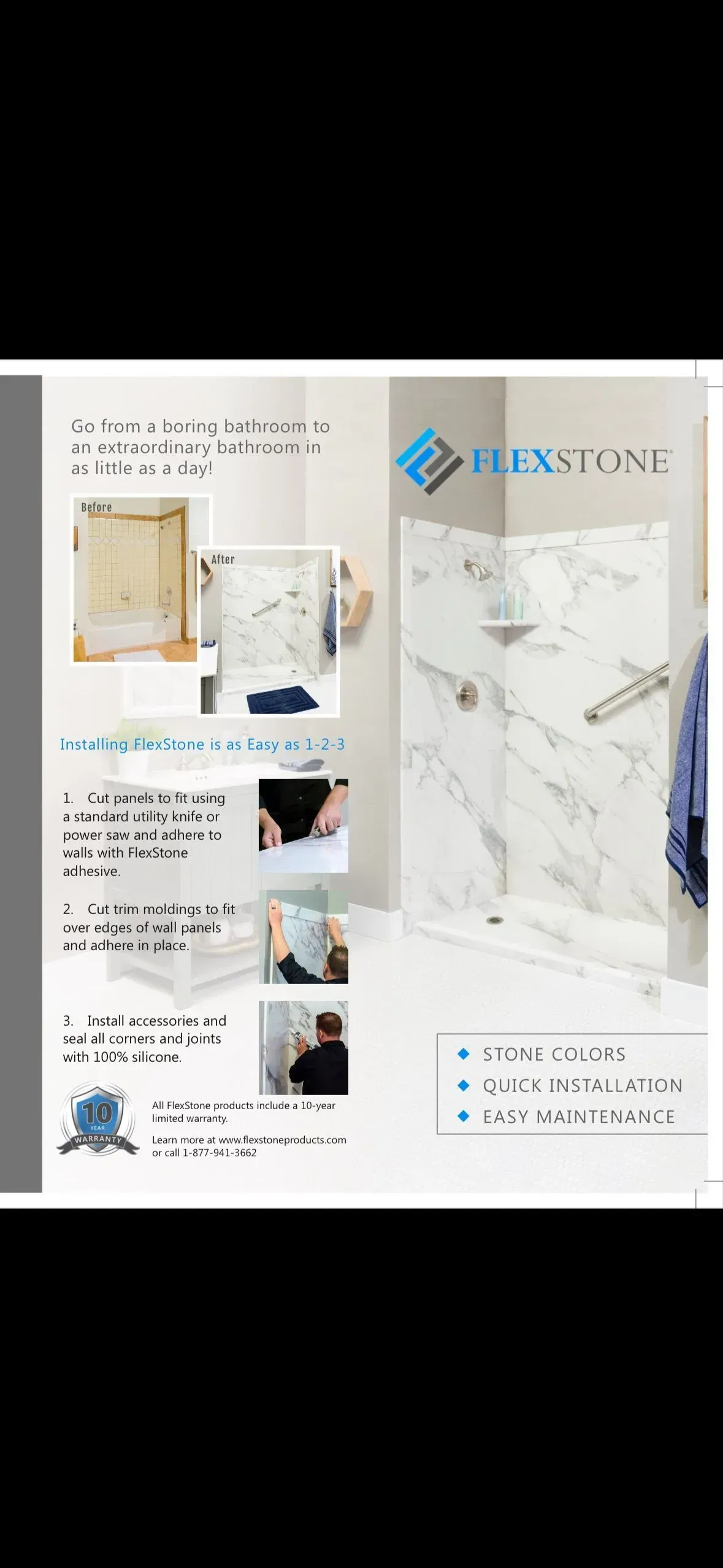Brochure with shower installation photos; shows marble-like shower and installation steps. 