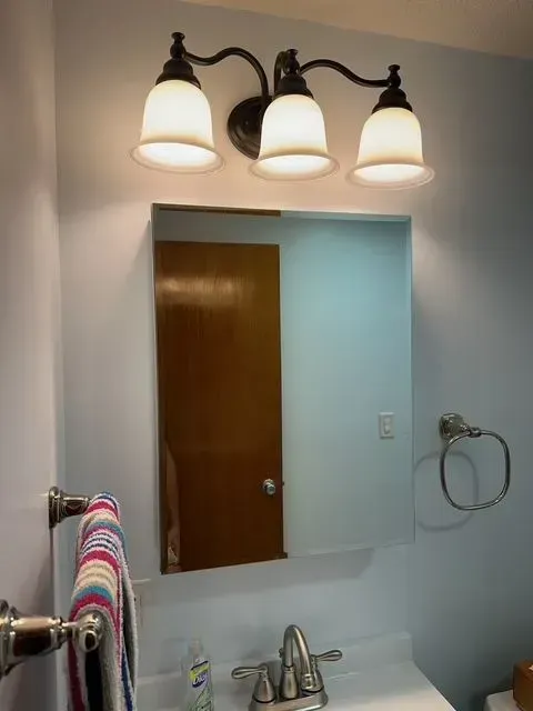 Bathroom with light fixture above a mirror, sink, and towel rack.