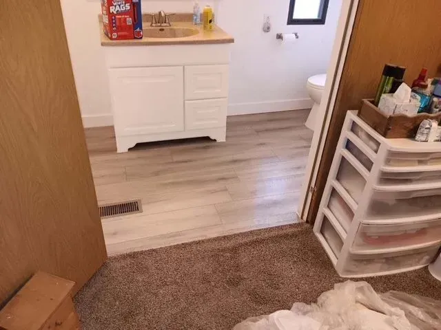 Bathroom interior with white vanity, light wood-look flooring, and a glimpse of a toilet.