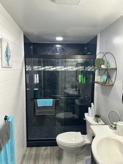 Bathroom with dark shower, gray walls, shiplap wall, toilet, sink, and shelves.
