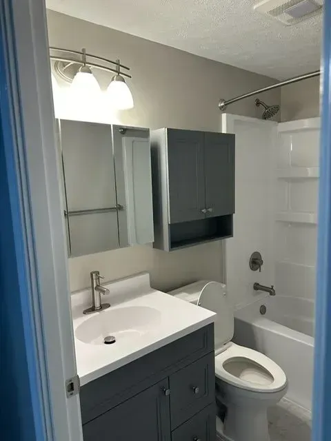 Gray and white bathroom with vanity, toilet, shower/tub, and wall cabinet.