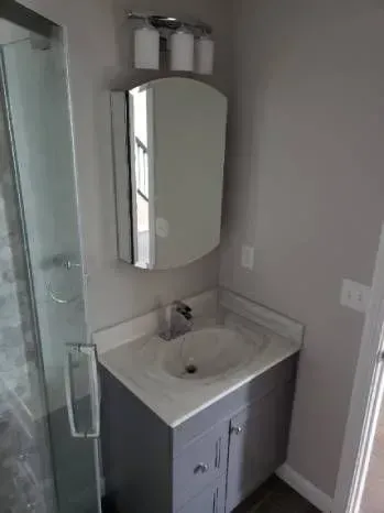 Gray bathroom with a sink, mirror, and shower.