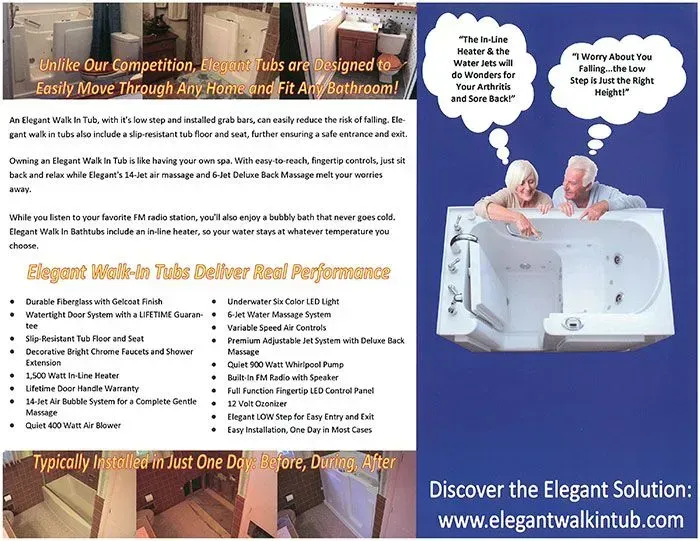 Advertisement for a walk-in tub featuring an elderly couple in a tub, emphasizing safety and ease of use.