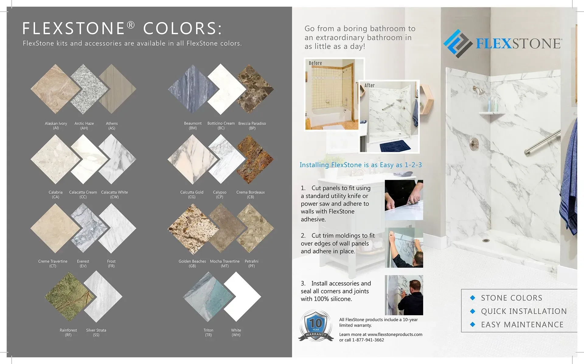 Flexstone shower panels in various colors. Examples include beige, grey, marble, and tan patterns.