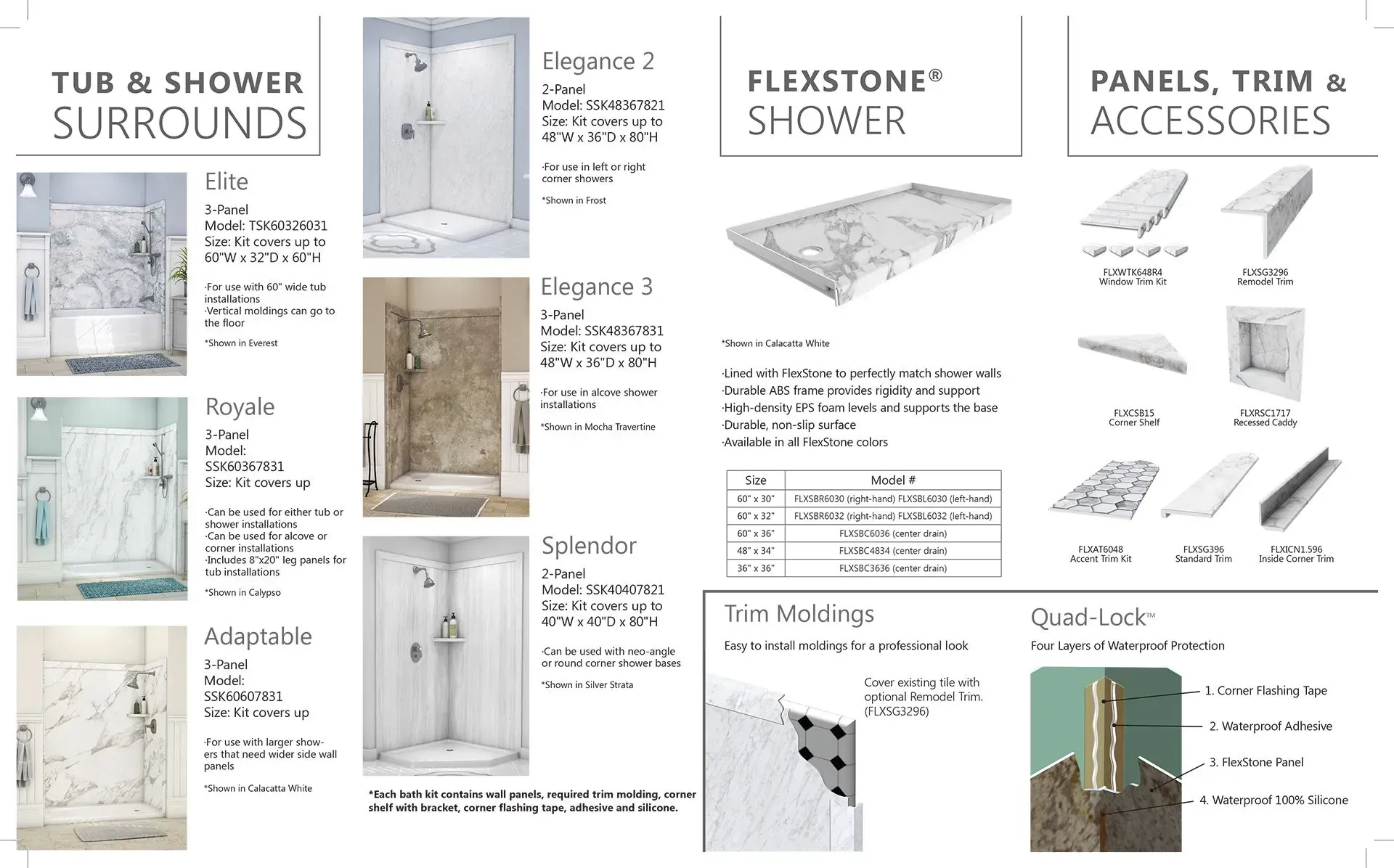 Brochure showcasing tub & shower surrounds, shower components, and accessories. Features various styles & installation details.