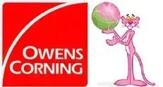 Owens Corning logo next to Pink Panther holding a pink and green globe.