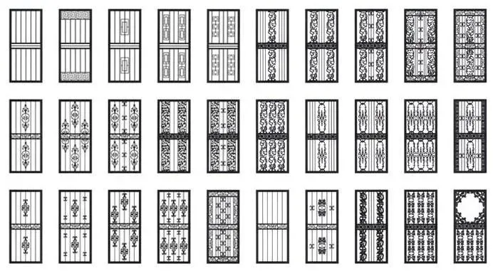 Thirty-six black and white door designs in vertical rectangular frames. Each door features unique patterns and decorative elements.