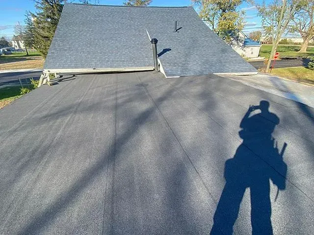 A person's shadow on a flat, black roof; a sloped, gray-shingled roof is in the background.
