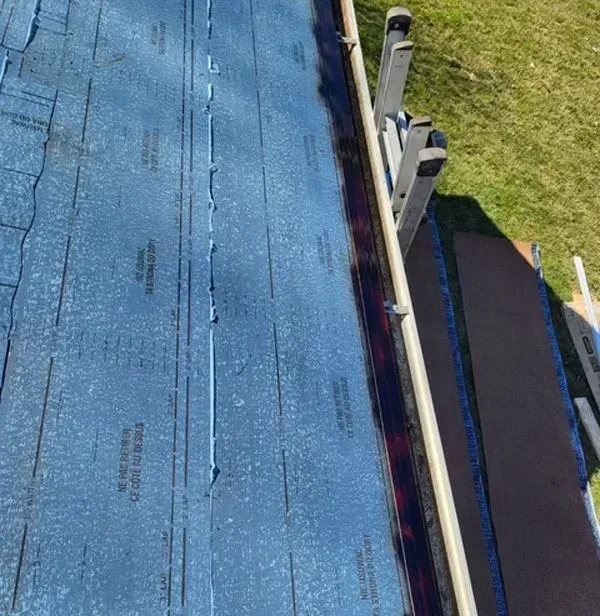 Blue roofing underlayment with a gutter and ladder on a roof.