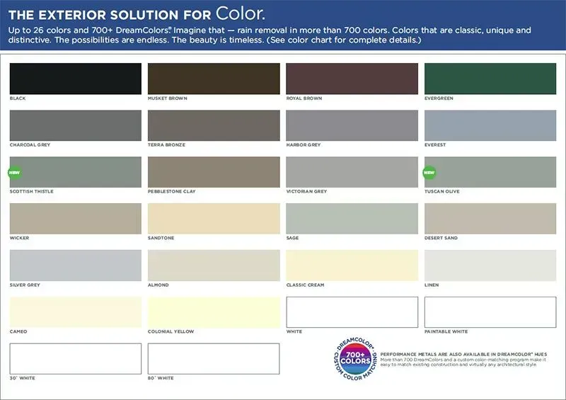 Color palette for exterior with over 700 shades. Includes various gray, brown, and off-white tones.