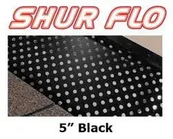 Black Shur Flo gutter guard with numerous holes, shown installed on a roof.