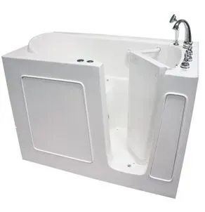 White walk-in bathtub with a side door, faucet, and control knobs.