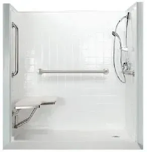White accessible shower with grab bars, foldable seat, and showerhead.