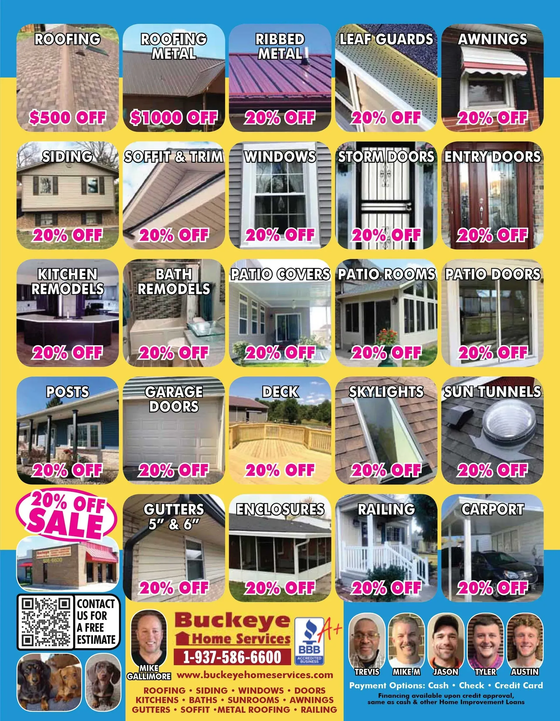 Advertisement for home services, featuring product photos with sale discounts.