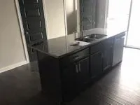 Black kitchen island with sink and dishwasher on dark wood floor.