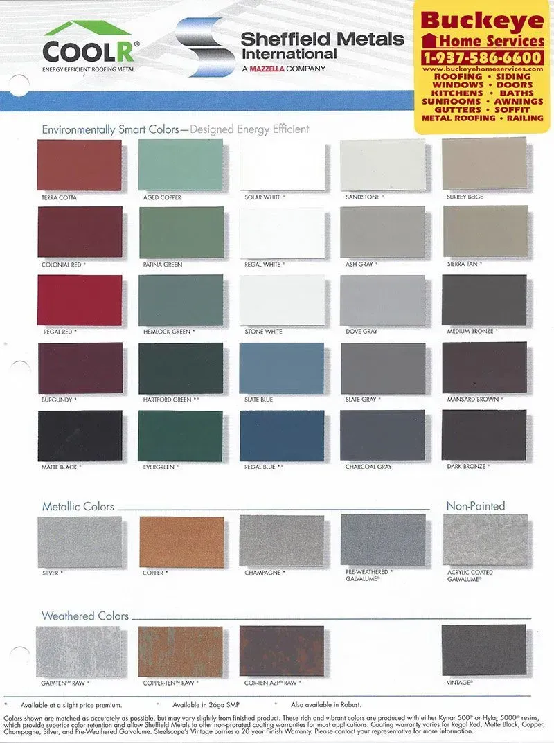 Color chart for Sheffield Metals roofing. Features various color swatches, including metallics and weathered finishes.