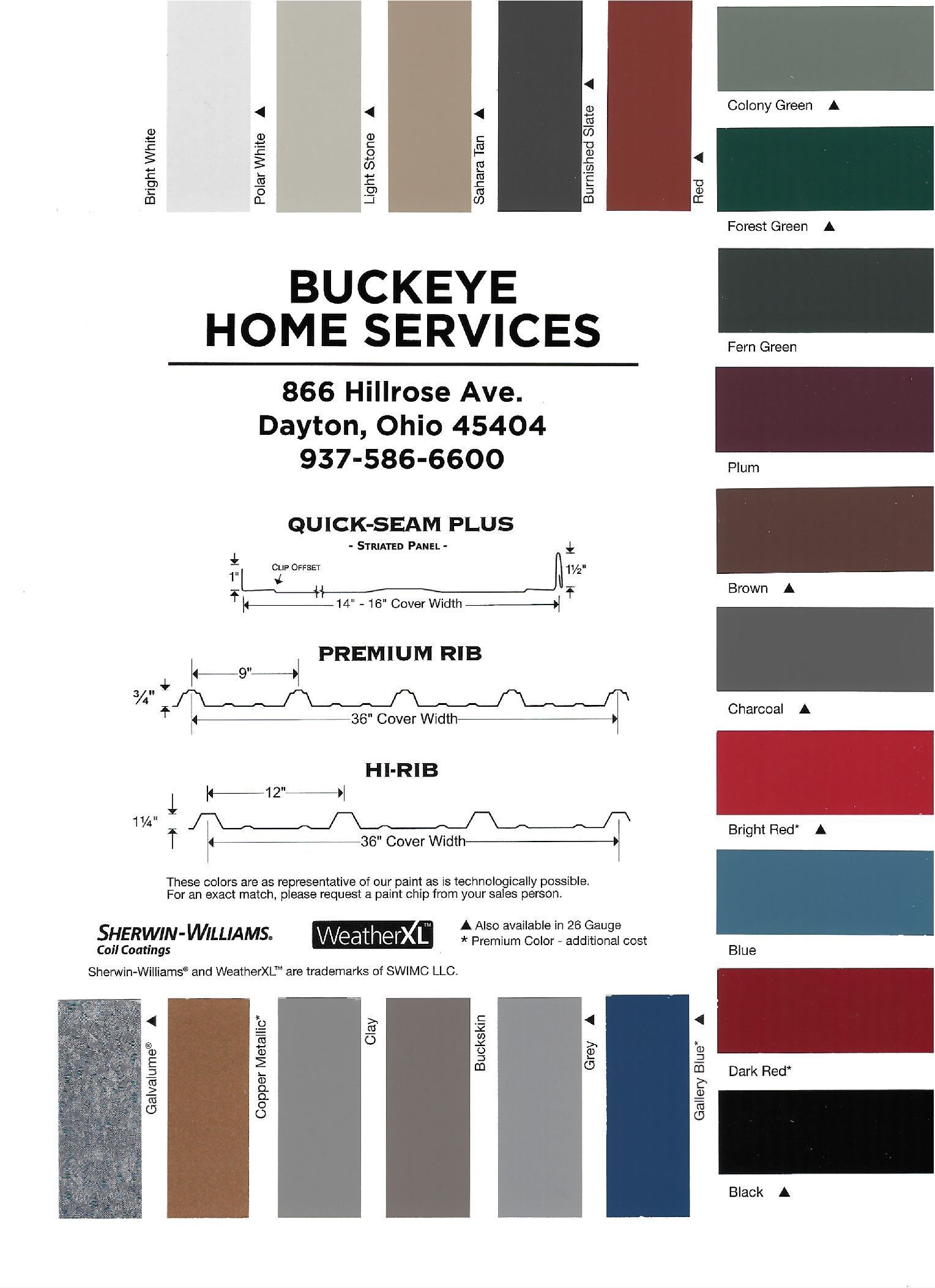 Buckeye Home Services flyer with color swatches. Includes address, phone, and product options.
