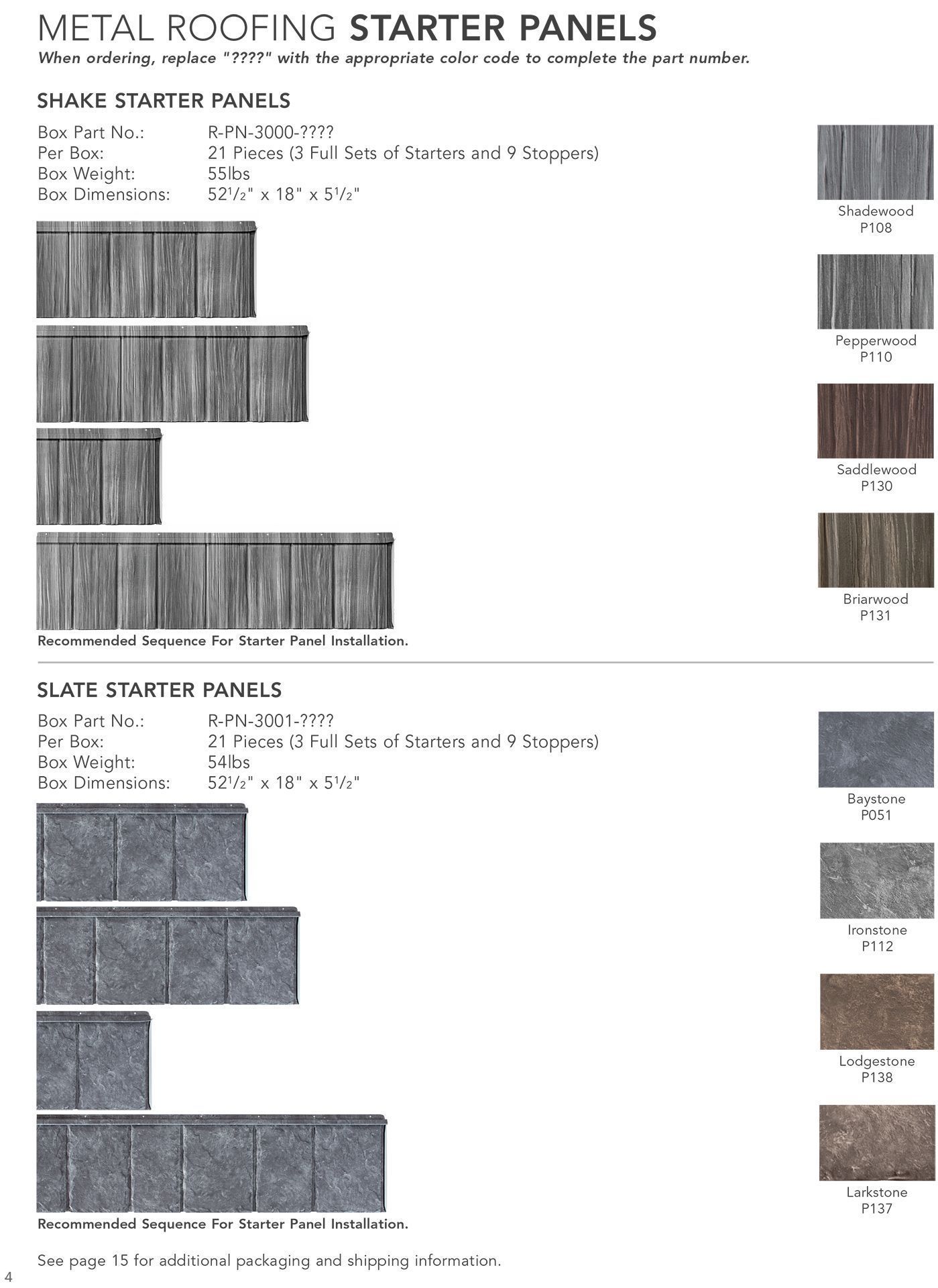 Metal roofing starter panels. Samples with size/weight, and color swatches.