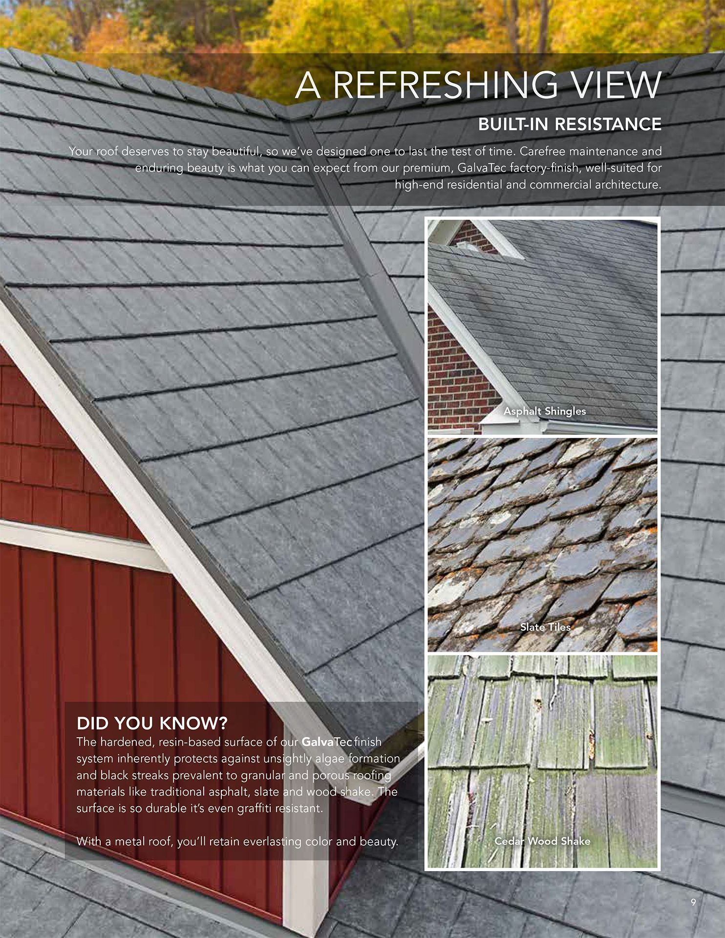Brochure showing gray roof with samples of old roofs, caption: 