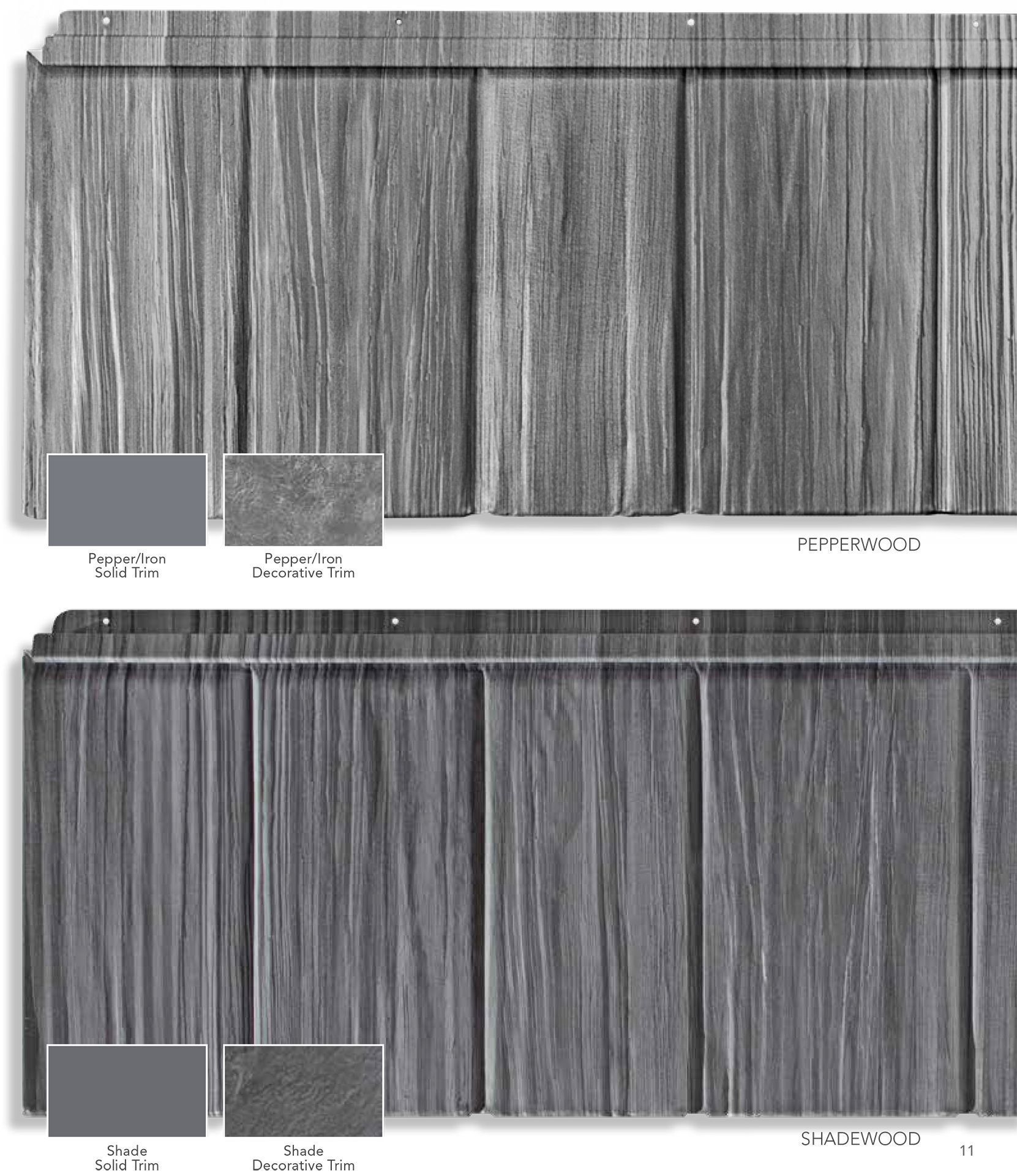 Metal roofing samples with two color options, each next to small color swatches.