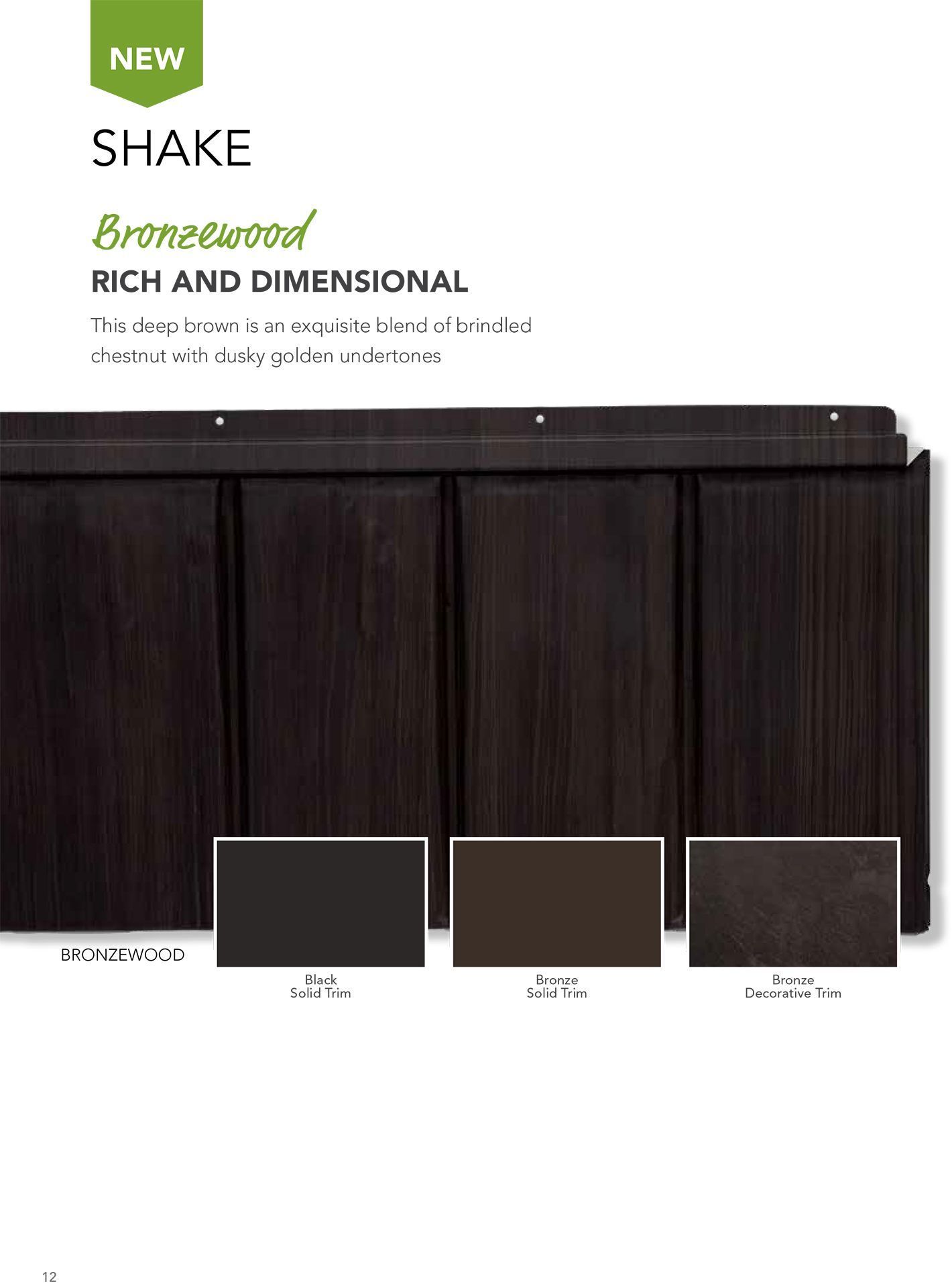 Dark wood-look Shake siding in a rich, dimensional design with three color swatches: Iron Ore, Brownstone, and Pecan.