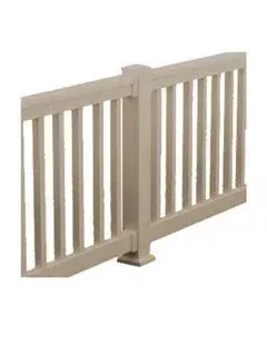 Beige deck railing with vertical balusters.