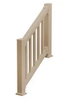 Beige angled deck railing section with vertical balusters.