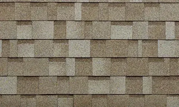 Close-up of asphalt roof shingles in varying shades of tan and brown.