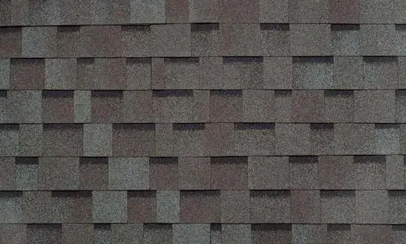 Close-up of a brown and gray asphalt shingle roof.