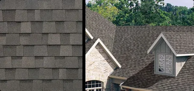 Two views of dark gray asphalt shingles, one close-up, the other on a house roof.