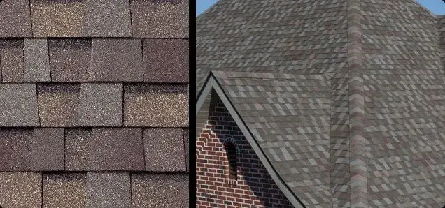 Close-up of brown roof shingles; on the right, the roof of a house with a brick wall.