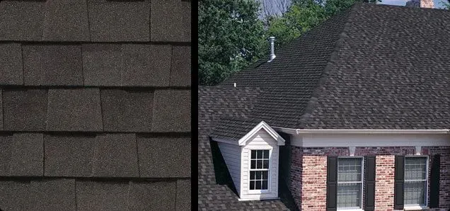 Close-up of brown asphalt shingles, then a house roof with similar shingles.