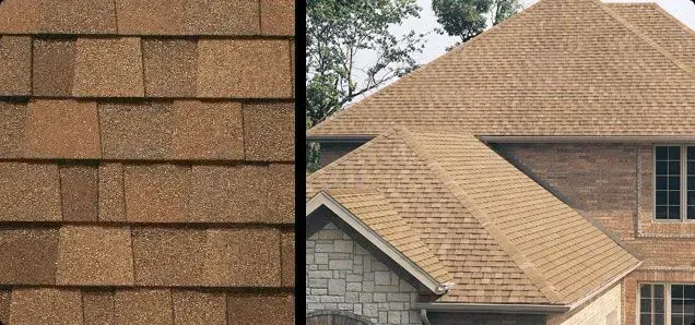 Close-up of brown asphalt roof shingles next to a house with the same shingles.