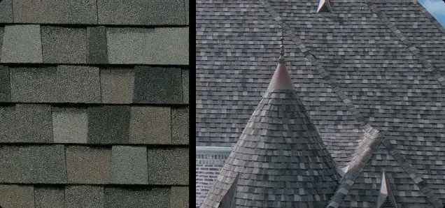 Two roof samples side by side. One is dark green asphalt shingle, the other is grey cedar shake.