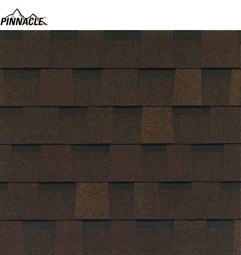 Dark brown asphalt roof shingles with the Pinnacle logo in the upper left corner.