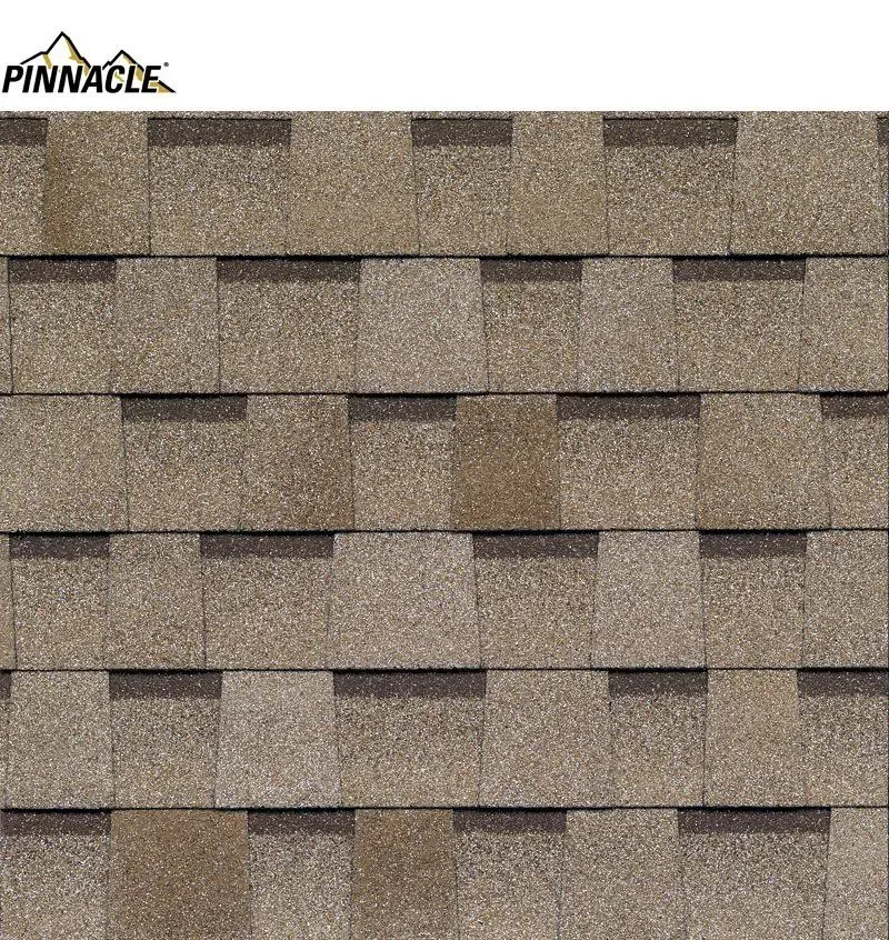 Close-up view of Pinnacle asphalt roof shingles in shades of brown.