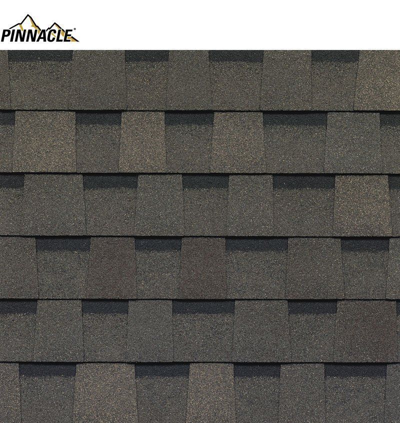 Close-up of dark grey Pinnacle asphalt roofing shingles.