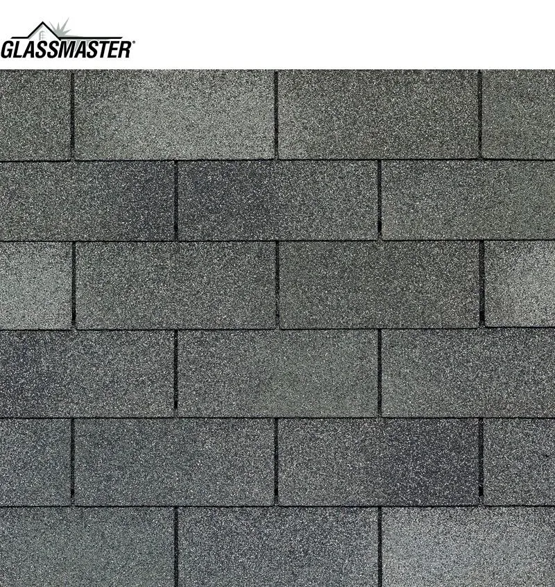 Close-up view of gray asphalt roofing shingles arranged in a brick-like pattern.