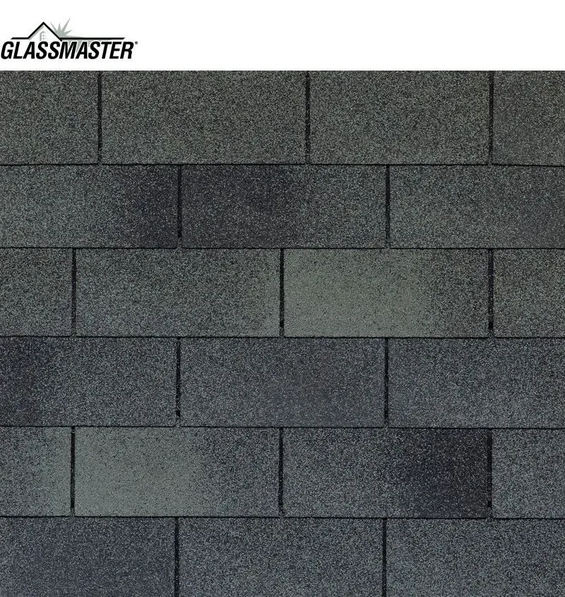 Dark gray Glassmaster asphalt roof shingles.
