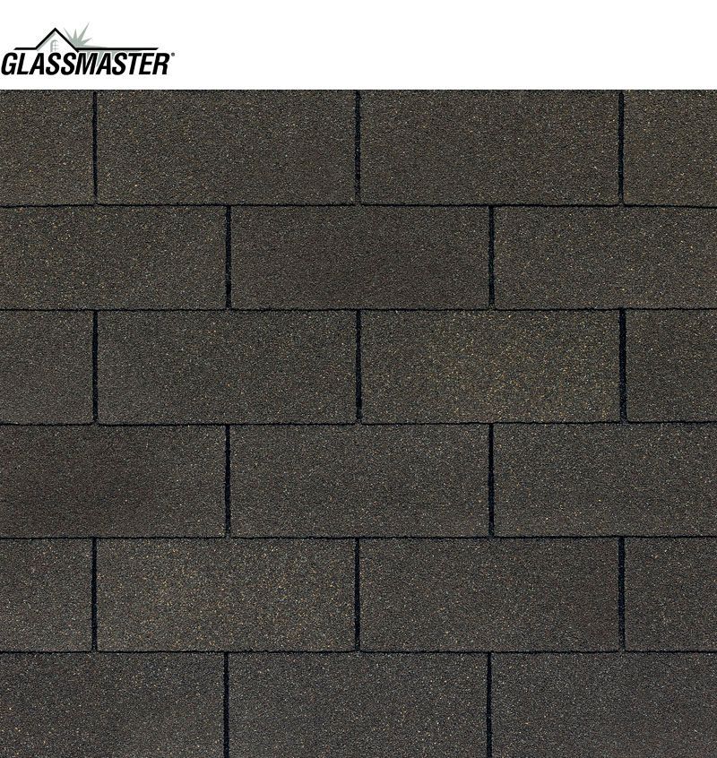 Dark gray asphalt roof shingles in a brick pattern.