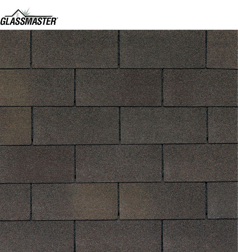 Dark brown asphalt roof shingles in a brick pattern.